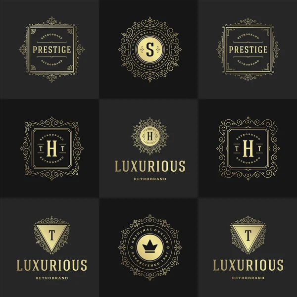 Logotipos vintage y monogramas conjunto elegante florece línea arte elegantes ornamentos estilo victoriano vector plantilla diseño — Vector de stock