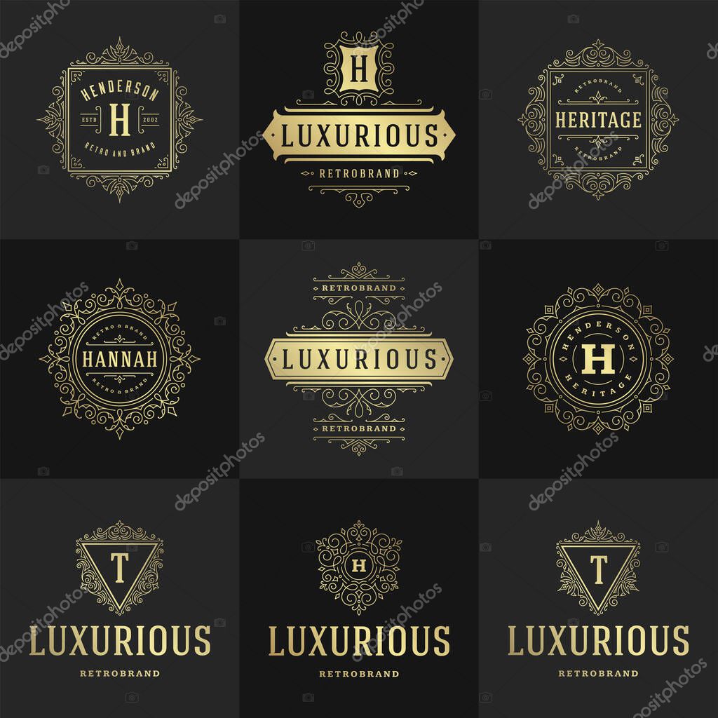 Vintage logos and monograms set elegant flourishes line art graceful ornaments victorian style vector template design. Classic ornate calligraphic for luxury crest royal heraldic boutique, restaurant