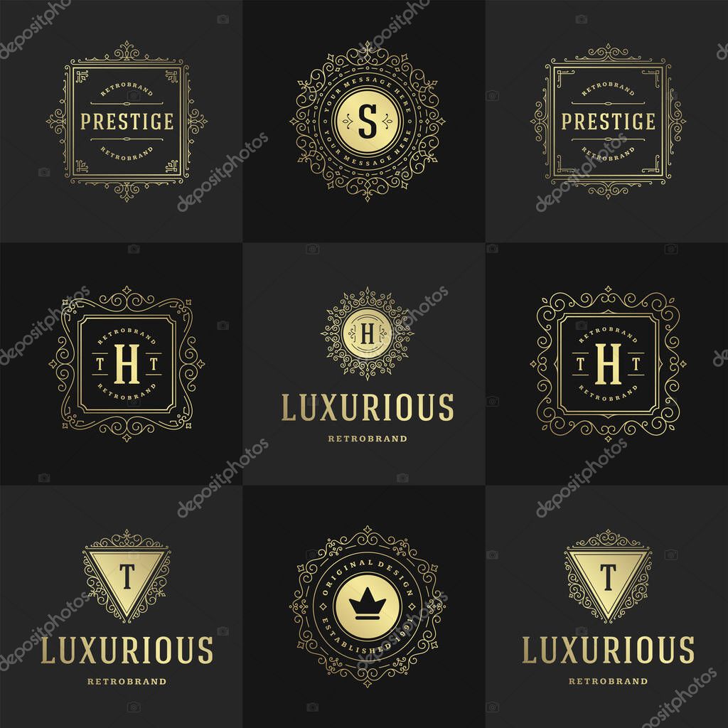 Vintage logos and monograms set elegant flourishes line art graceful ornaments victorian style vector template design. Classic ornate calligraphic for luxury crest royal heraldic boutique, restaurant