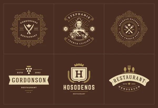 Modelos de logotipos de restaurante conjunto ilustração vetorial bom para rótulos de menu e crachás de café —  Vetores de Stock