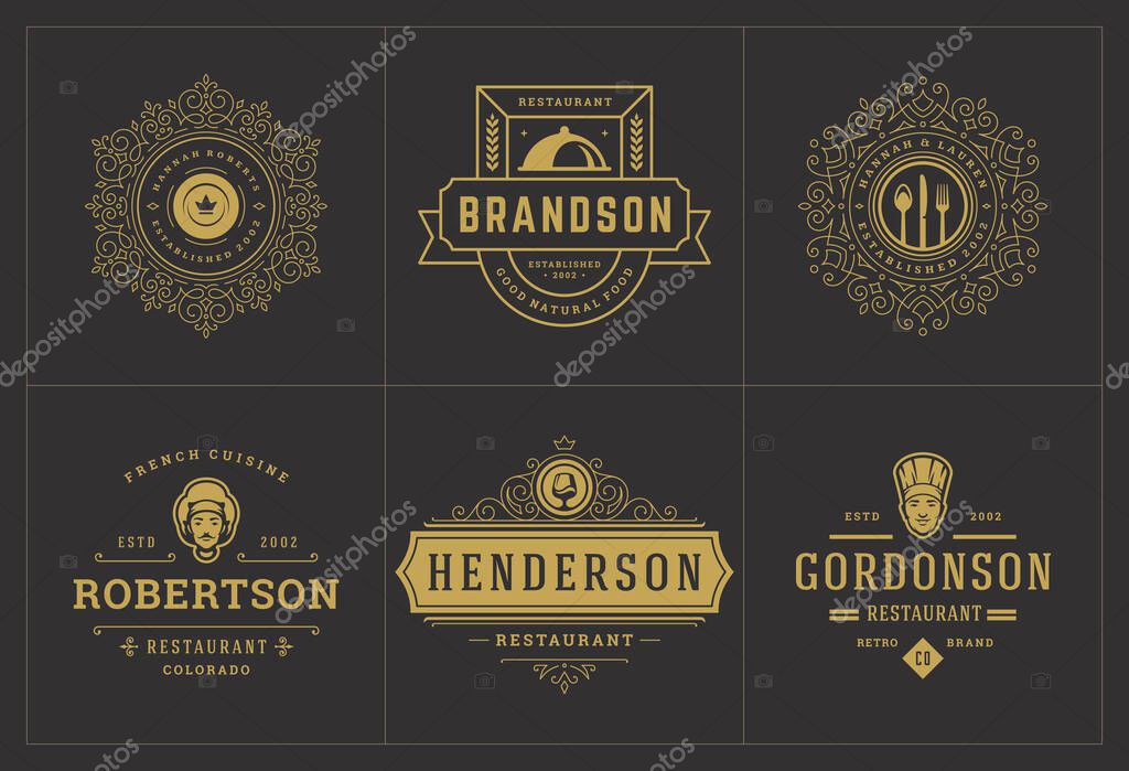 Restaurant logos templates set vector illustration good for menu labels and cafe badges. Vintage typography decoration design elements and symbols.