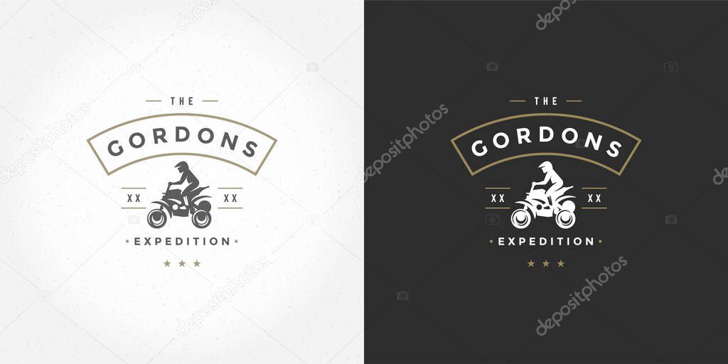 Atv logo emblem vector illustration off road mountains expedition, quad bike and man silhouette