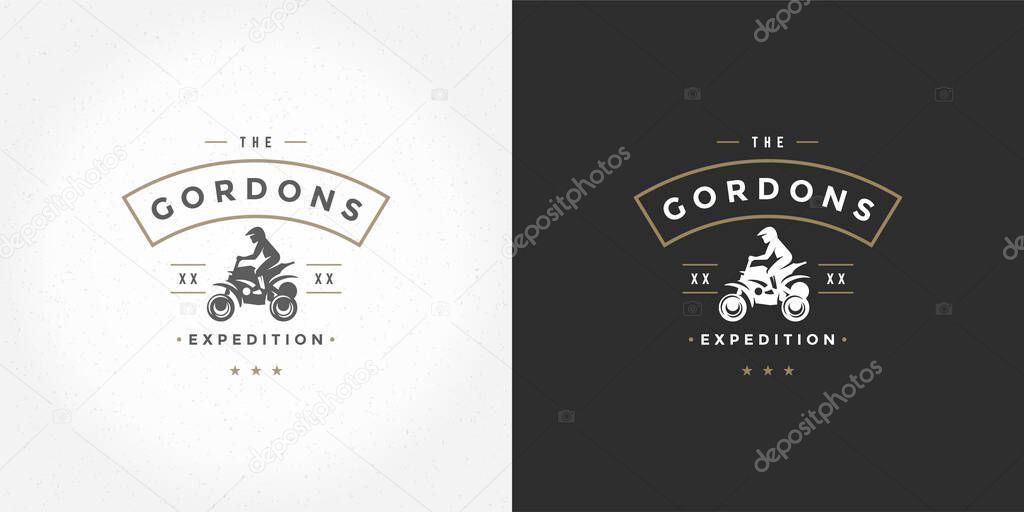 Atv logo emblem vector illustration off road mountains expedition, quad bike and man silhouette for shirt or print stamp. Vintage typography badge design.