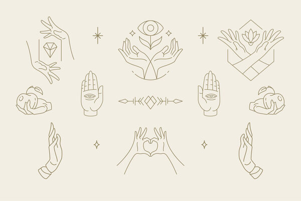 Female hands gestures collection of line art hand drawn style vector illustrations.