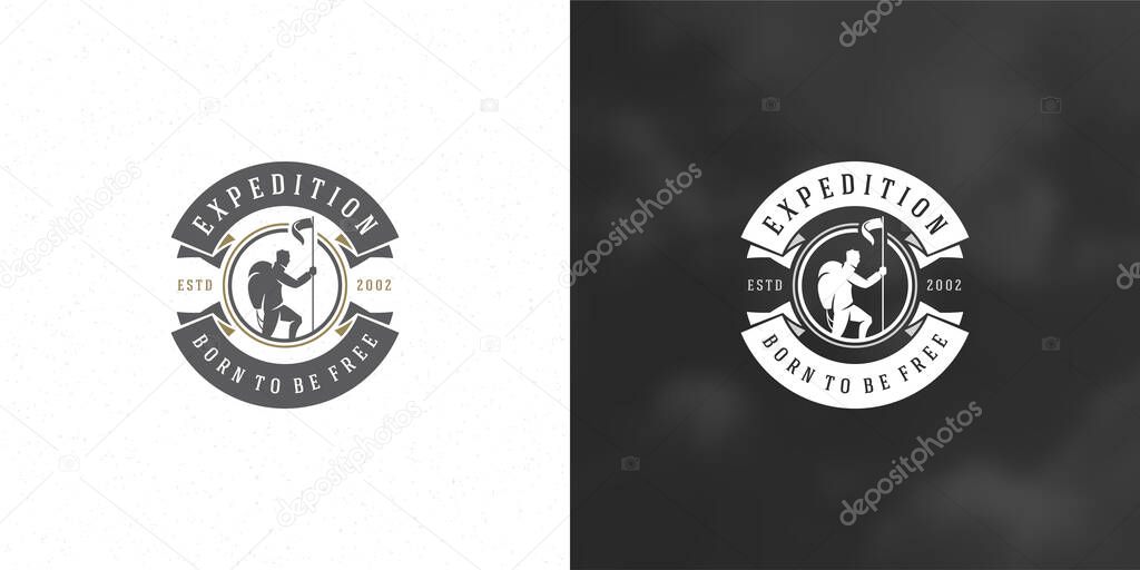 Climber logo emblem outdoor adventure expedition vector illustration mountaineer man silhouette for shirt or print stamp. Vintage typography badge design.