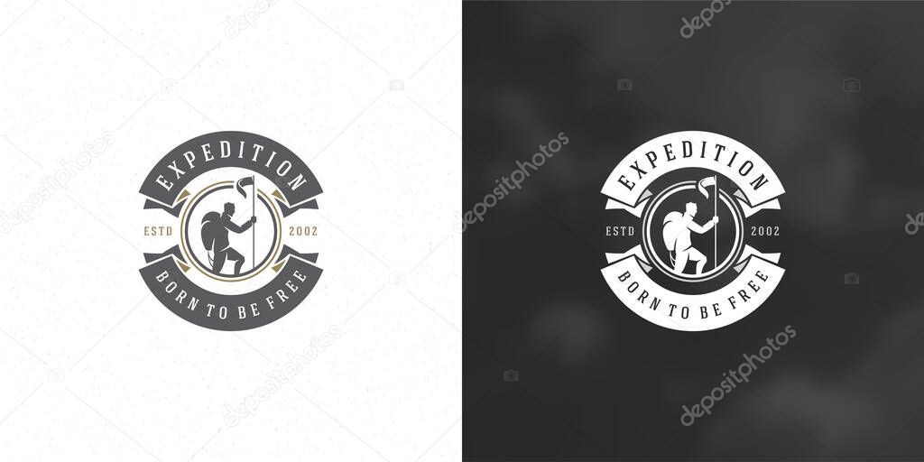 Climber logo emblem outdoor adventure expedition vector illustration mountaineer man silhouette