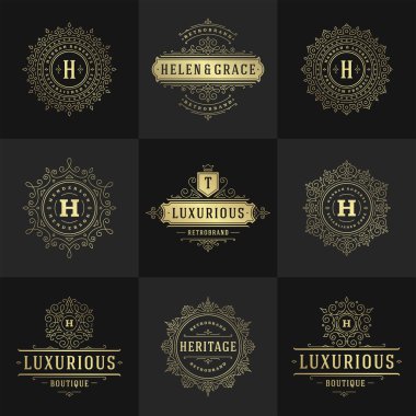 Vintage logolar ve monogramlar zarif çizgiler çizer zarif süsler Viktorya tarzı vektör şablonu tasarımı