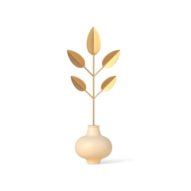 Saksı vektör şablonunda yaprakları olan üç boyutlu altın dal. Ofisler ve iç mekanlar için metalik parıltılı parlak bir dekor..