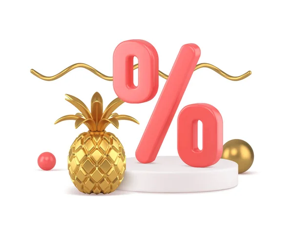 3d sleva procenta pódium se zlatým ananasovým vektorem ilustrace — Stockový vektor