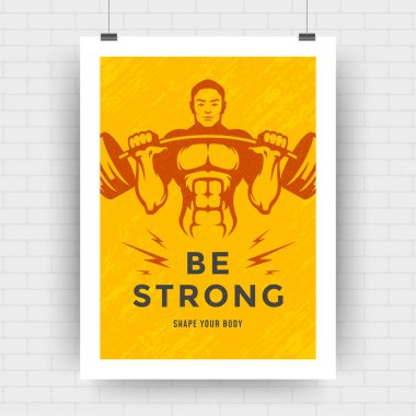 Fitness motivasyon poster tipografik tasarım şablonu Vücut geliştiren adam halter silueti kaldırıyor