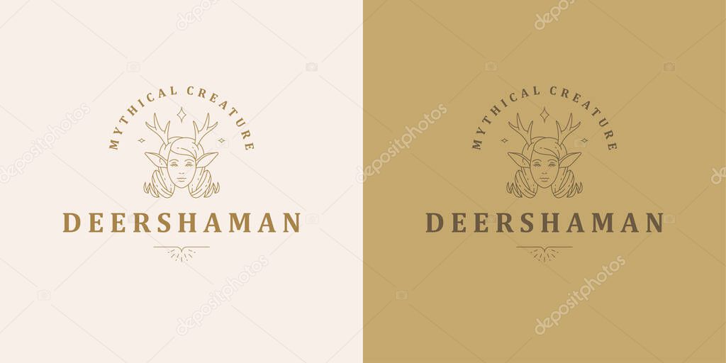 Female faun head with antlers logo linear vector illustration. Mystic shaman head of elegant female with deer ears minimal silhouette outline style for magic logotype emblem or esoteric brand.