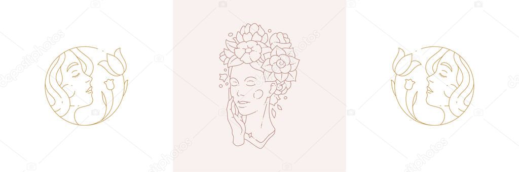 Magic nymphs tender female enchantresses in boho linear style vector illustrations set. Simple bohemian emblems in golden lines with beauty woman heads symbols for mystic design and cosmetic concept