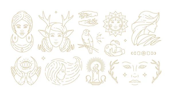 Magic woman boho vector illustrations of graceful feminine women and esoteric symbols set — Stock Vector