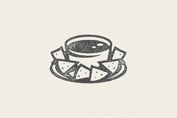 Silhouette de nachos mexicaines dans un bol avec sauce pour la restauration rapide illustration vectorielle à effet timbre dessiné à la main — Image vectorielle