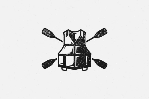 Silhouette de pagaies croisées derrière gilet de sauvetage comme logo de bateau dessiné à la main illustration vectorielle effet timbre. — Image vectorielle