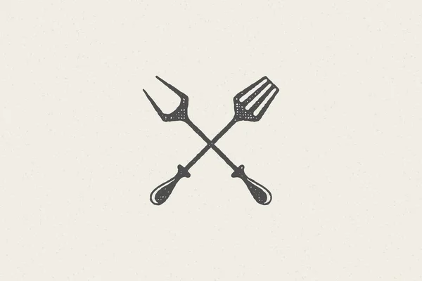 Tenedor y espátula cruzada silueta como símbolo barbacoa comida preparación dibujado a mano sello efecto vector ilustración. — Archivo Imágenes Vectoriales
