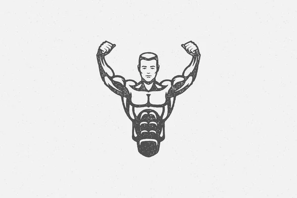 Potente culturista mostrando los músculos silueta dibujado a mano sello vector ilustración. — Vector de stock