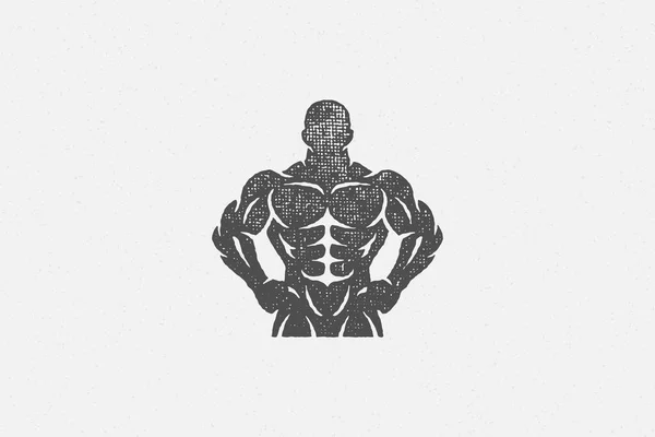 Powerful bodybuilder showing muscles silhouette hand drawn stamp vector illustration. — Stock Vector