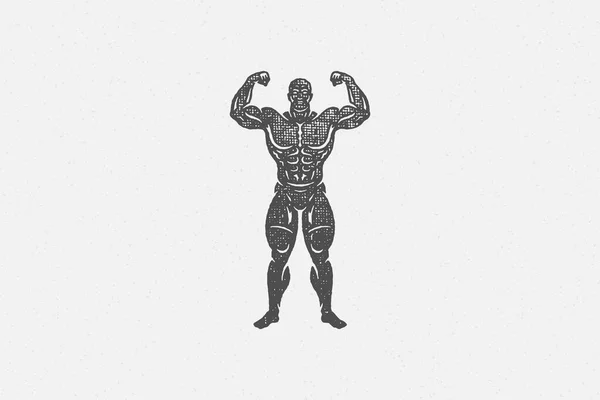 强壮有力的健美运动员展示肌肉轮廓，手绘邮票向量图解. — 图库矢量图片