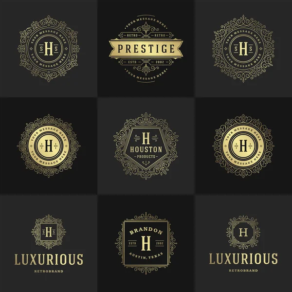 Logotipos vintage y monogramas conjunto elegante florece línea arte elegantes ornamentos estilo victoriano vector plantilla diseño — Archivo Imágenes Vectoriales