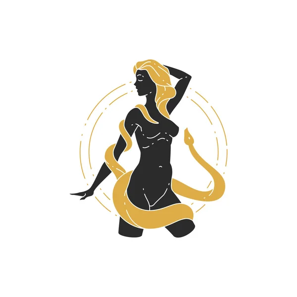 Beautiful woman goddess and snake silhouette vector illustration — Stockvektor