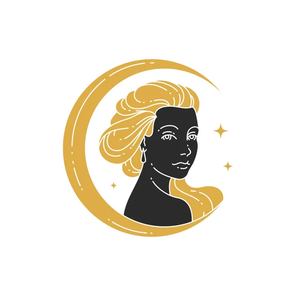 Magic elegant woman portrait with moon crescent silhouette vector illustration — Vector de stock