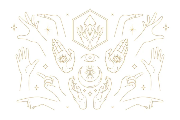 Mãos femininas gestos coleção de linha arte mão desenhada estilo vetor ilustrações — Vetor de Stock