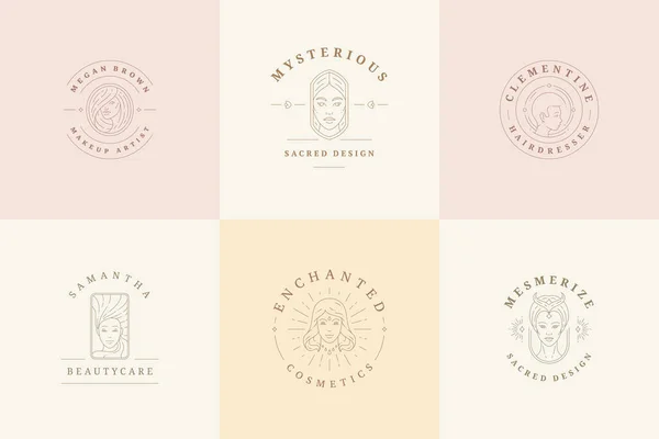 Logotipos femeninos emblemas plantillas de diseño conjunto con mujeres mágicas retratos vectoriales ilustraciones línea mínima estilo de arte — Archivo Imágenes Vectoriales