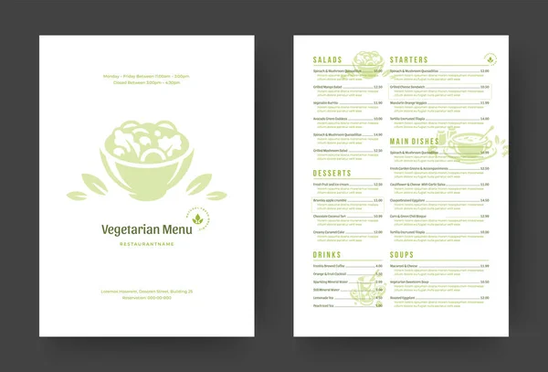 Vegetarisches Restaurant Speisekarte Layout Design Broschüre oder Lebensmittel Flyer Vorlage Vektorillustration. — Stockvektor