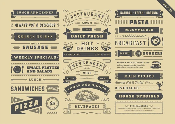 Restaurante menú tipográfico decoración elementos de diseño conjunto vintage y retro estilo vector ilustración — Vector de stock