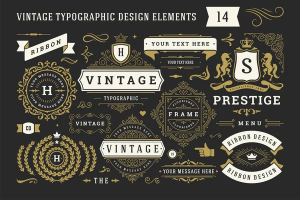 Vintage tipográfico ornamento decorativo elementos de diseño conjunto vector ilustración — Archivo Imágenes Vectoriales