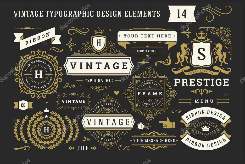 Vintage typographic decorative ornament design elements set vector illustration. Labels and badges, retro ribbons, luxury fancy logo symbols, elegant calligraphic swirls, flourishes ornate vignettes.