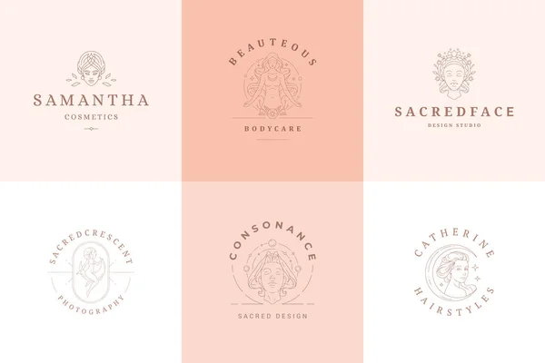 Logotipos femininos emblemas modelos de design conjunto com ilustrações vetoriais femininas mágicas estilo linear mínimo — Vetor de Stock