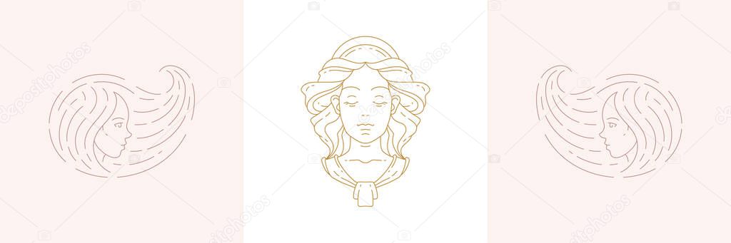Magic female heads and woman with beauty hairstyle in boho linear style vector illustrations set. Bohemian emblems in golden lines with feminine symbols for mystic design and cosmetic logo