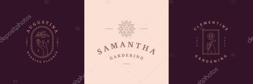 Flowers logos emblems design templates set with botanical plants and rose vector illustrations minimal linear style. Outline symbols for cosmetics and packaging or floral products branding