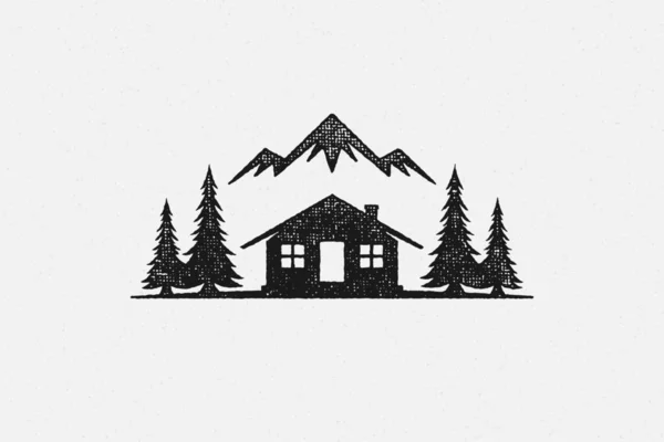 Silhouette shack hut located near coniferous forest and mountain ridge in countryside hand drawn stamp — Stock Vector