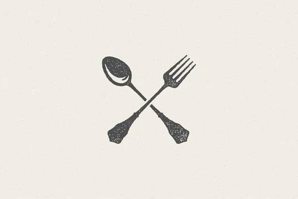 Crossed spoon and fork silhouette for food service hand drawn stamp effect vector illustration. — Stock Vector