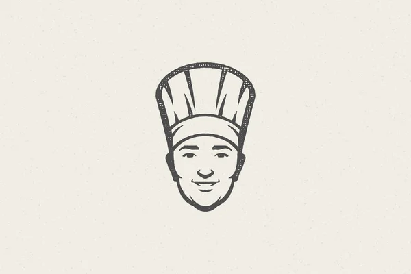 Logo ícone cabeça de sorrir macho cozinheiro silhueta em chapéu de chef mão desenhado selo efeito vetor ilustração. —  Vetores de Stock
