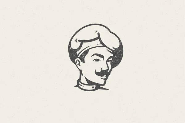 Logo ícone cabeça de sorrir macho cozinheiro silhueta em chapéu de chef mão desenhado selo efeito vetor ilustração —  Vetores de Stock