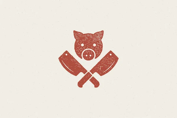 Silhouette de tête de porc et couteaux de boucher croisés pour l'industrie de la boucherie illustration vectorielle d'effet de timbre dessiné à la main. — Image vectorielle