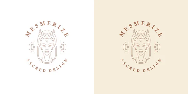 Belleza magia mujer retrato logotipo emblema diseño plantilla vector ilustración en estilo de arte de línea mínima — Vector de stock