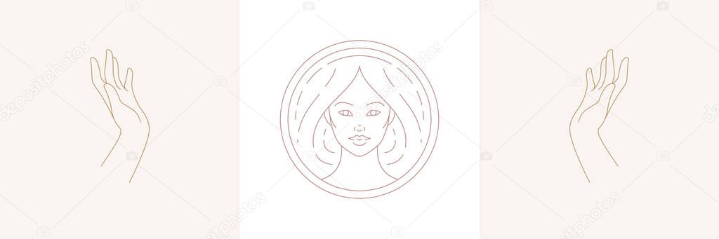 Magic woman with hairstyle and praying female hands gestures in boho linear style vector illustrations set. Elegant bohemian emblems line art feminine symbols for hairdresser logo and cosmetic brand