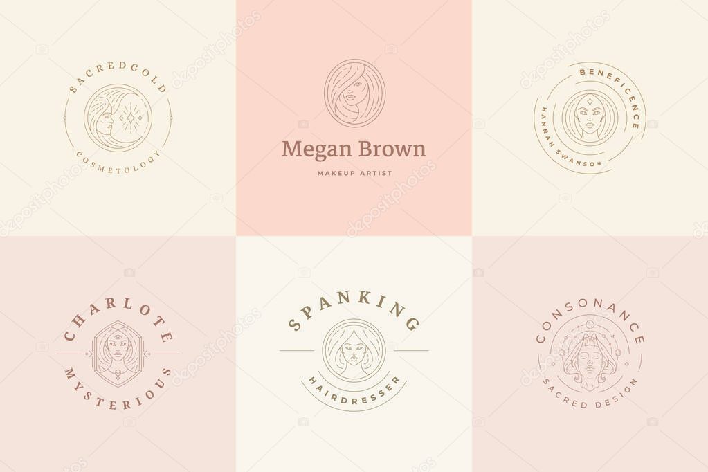 Women logos emblems design templates set with magic female portraits vector illustrations minimal linear style. Outline symbols for hairdresser insignia or beauty salon branding
