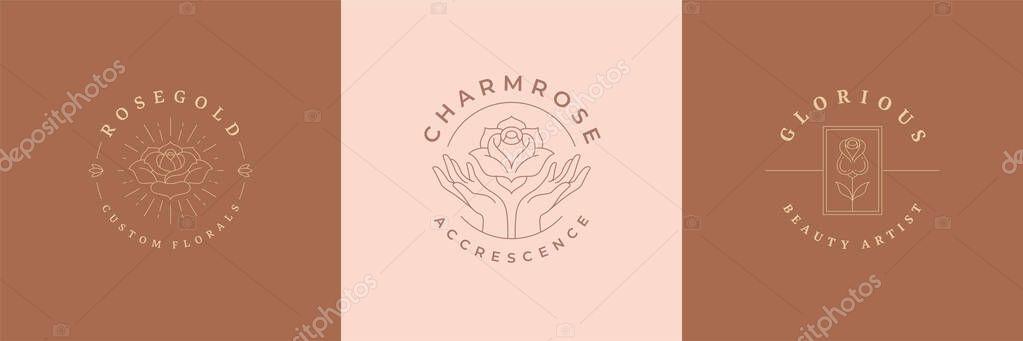 Flowers logos emblems design templates set with botanical plants and rose vector illustrations minimal linear style. Outline symbols for cosmetics and packaging or floral products branding