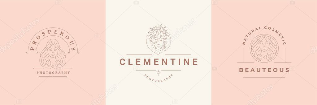 Feminine logos emblems design templates set with magic female portraits vector illustrations minimal linear style. Outline symbols for hairdresser insignia or beauty salon branding