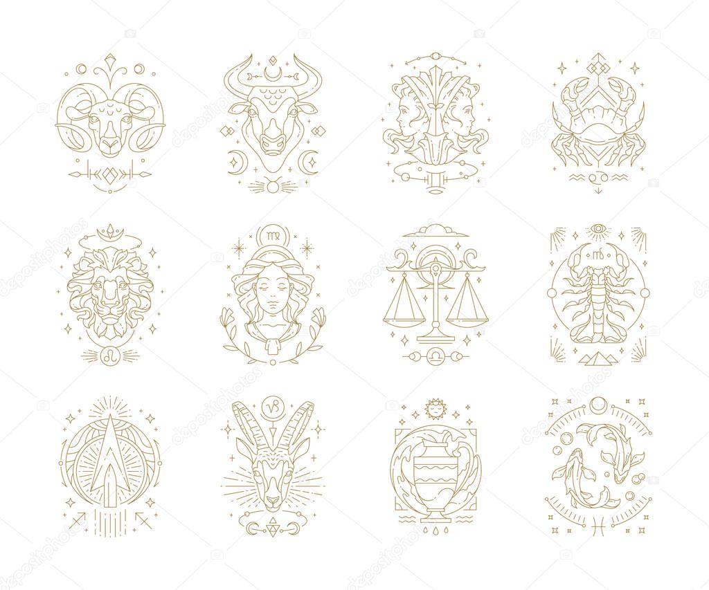 Zodiac astrology horoscope signs linear design vector illustrations set.