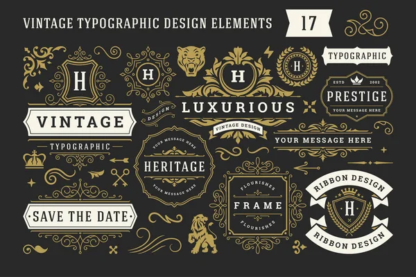 Vintage typografische decoratieve ornament design elementen set vector illustratie — Stockvector