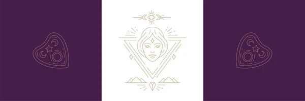 Magia mujer cara y ouija tablero puntero en boho lineal estilo vector ilustraciones conjunto. — Vector de stock