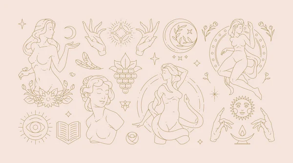 Magische Boho-Vektorillustrationen anmutiger weiblicher Frauen und esoterische Symbole. — Stockvektor