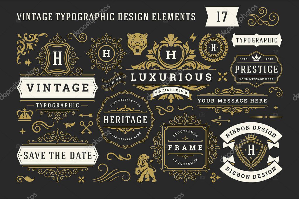Vintage typographic decorative ornament design elements set vector illustration. Labels and badges, retro ribbons, luxury fancy logo symbols, elegant calligraphic swirls, flourishes ornate vignettes.